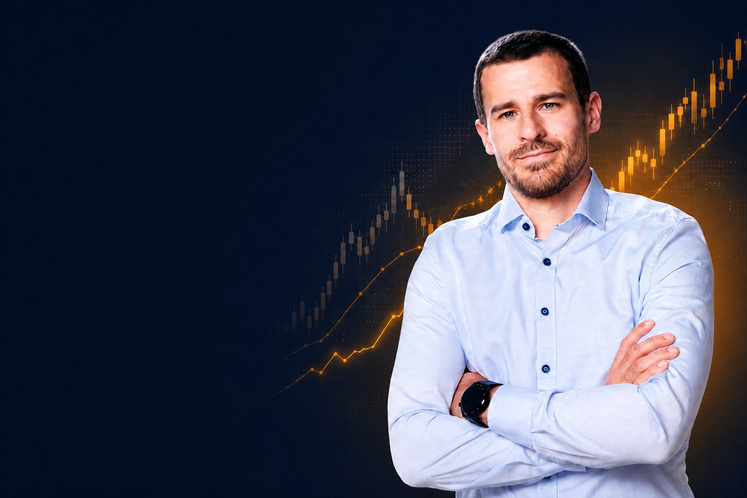 Daniel Tröster vor einem Bitcoin-Chart-Hintergrund